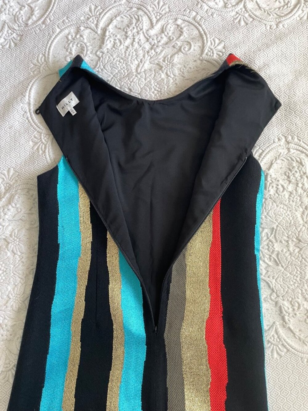 Milly Women's Black Sleeveless Metallic Striped Colorful Mini Dress Size Large - Picture 10 of 13
